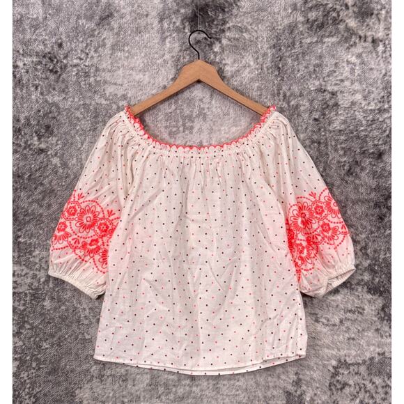 New Sezane Top 38 / US Medium Women Polka Dot Embroidered Linen Off The Shoulder - Picture 3 of 8